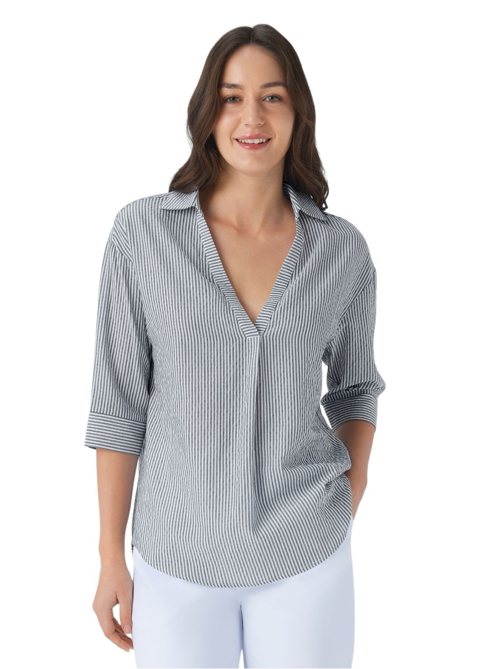HALARA Half Sleeve Curved Hem Striped Oversized Tunic Blouse Shirt